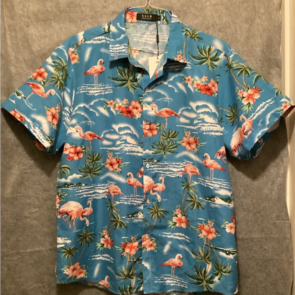 SSLR Blue Flamingo Print Short-Sleeve Button-Down Shirt.  B12